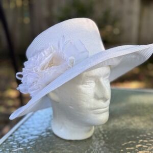 Vtg Tim Crawford White Wide Brim Floral Sun Hat Made in USA Wedding Derby Church